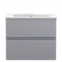 (800mm Vanity Unit and basin) Handleless Bathroom High Gloss Light Grey Wall Hung Vanity Unit Sink Cabinet Basin Storage Furniture Door Toilet