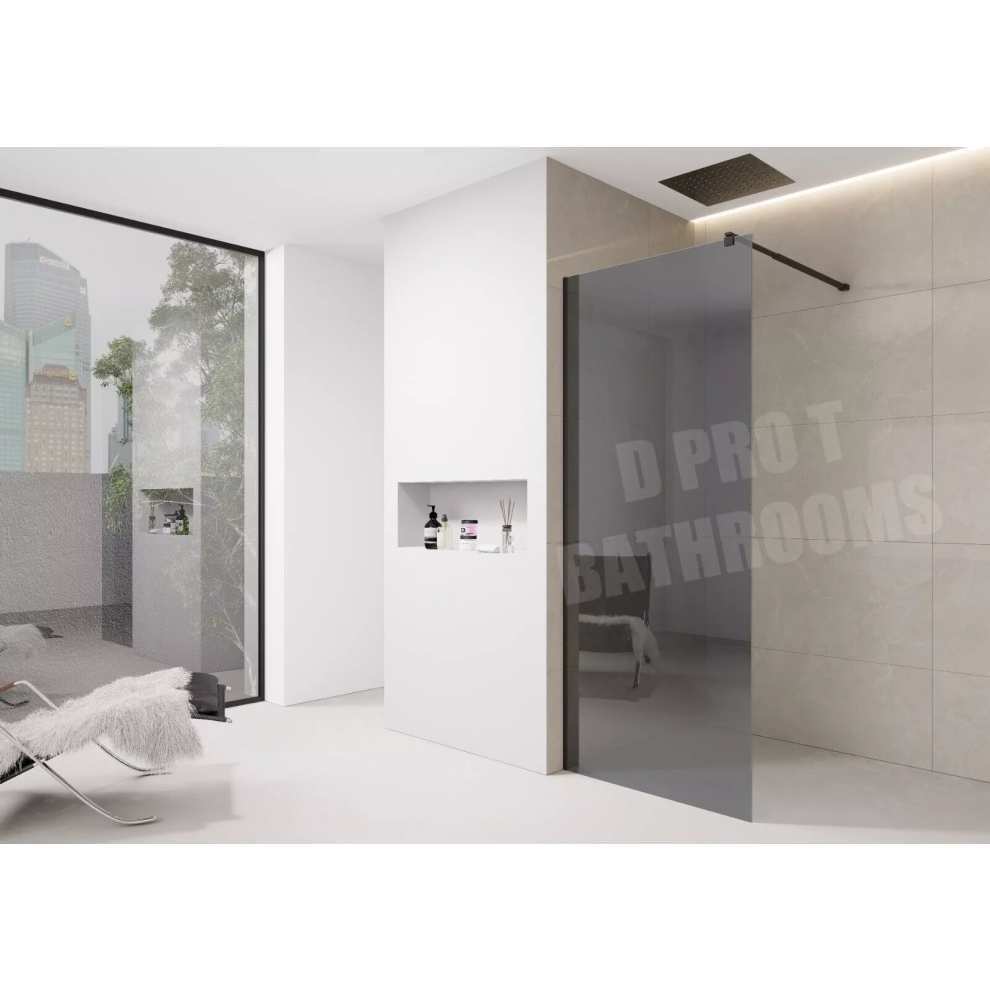 (800mm Screen) 8mm Tinted Grey Shower Screen Enclosure – Black Trim, Walk-In Wet Room with Flipper Panel