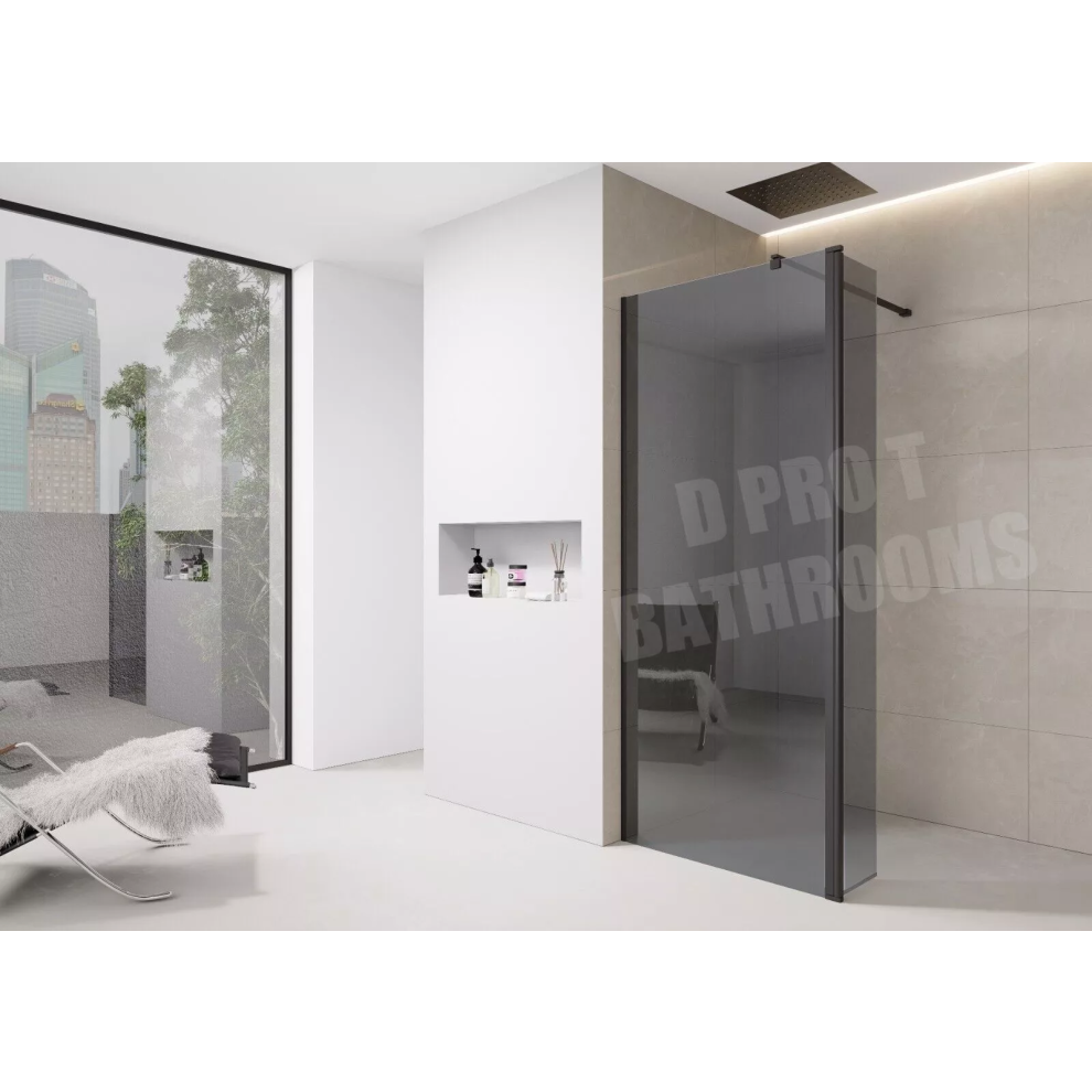 (1000mm Screen With 300mm Flipper) 8mm Tinted Grey Shower Screen Enclosure – Black Trim, Walk-In Wet Room with Flipper Panel