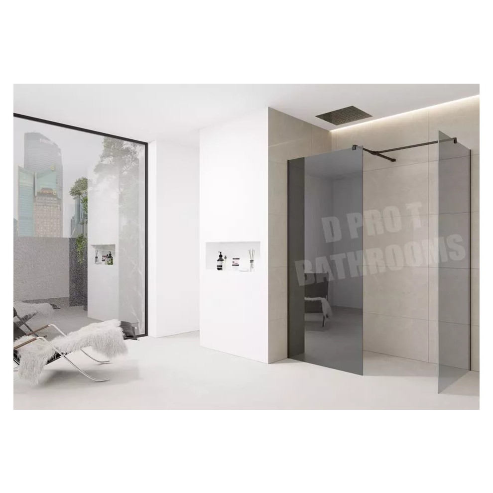 (1100mm Screen With 900mm End Panel) 8mm Tinted Grey Shower Screen Enclosure â Black Trim, Walk-In Wet Room with Flipper Panel-image-OPC-PGBWTFG-NEW