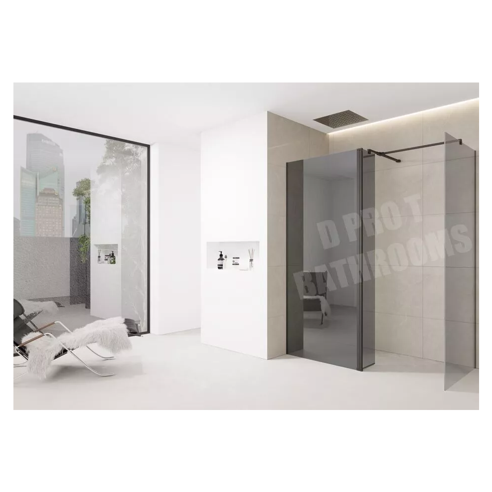 (1100Mm Screen With 800Mm End + Flipper) 8Mm Tinted Grey Shower Screen Enclosure Â Black Trim, Walk-In Wet Room With Flipper Panel 5061088201869