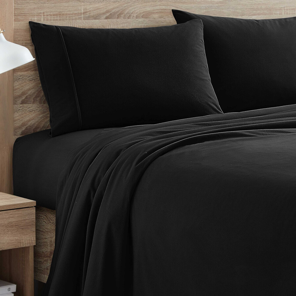 Parure de lit en flanelle chaude et confortable, avec poche profonde, respirante, toutes saisons, avec drap-housse et taies d'oreiller, noir