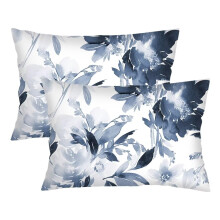Florals Throw Pillow Cover Queen Size Set of 2 Navy Watercolor Flowers Pillowcases Boho Floral Lumbar Pillow Case Soft Standard Pillow Cases with