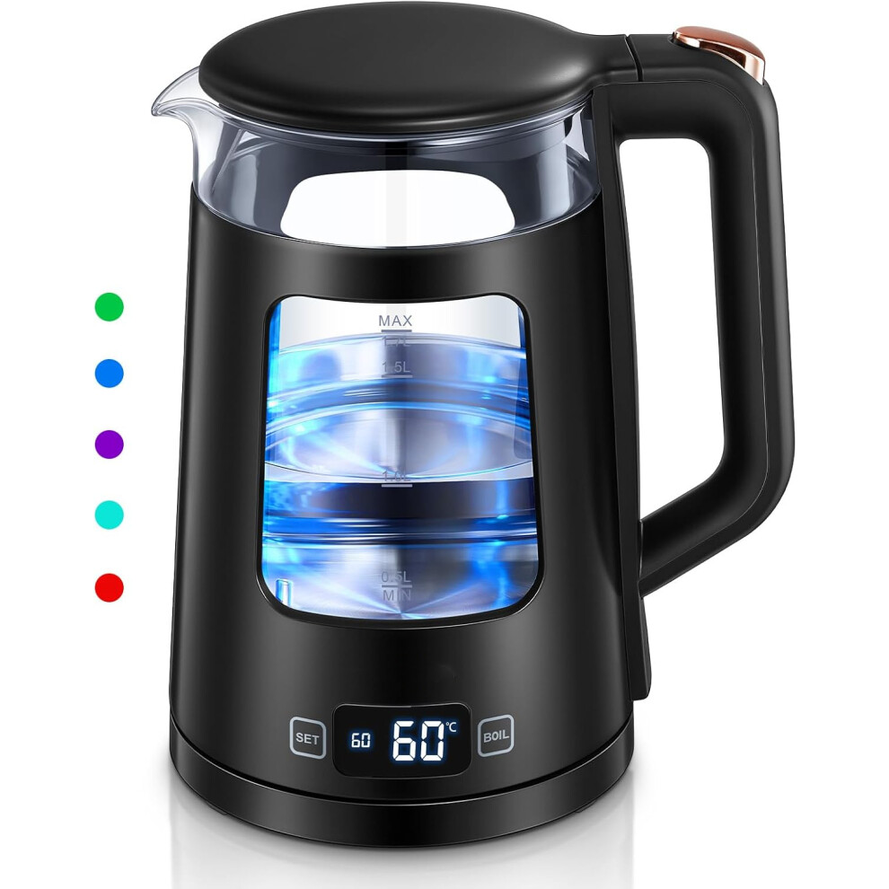 (Black) Electric kettle, 1.7L glass teapot with keep warm function, 5 temperature control, 1500W fast boiling