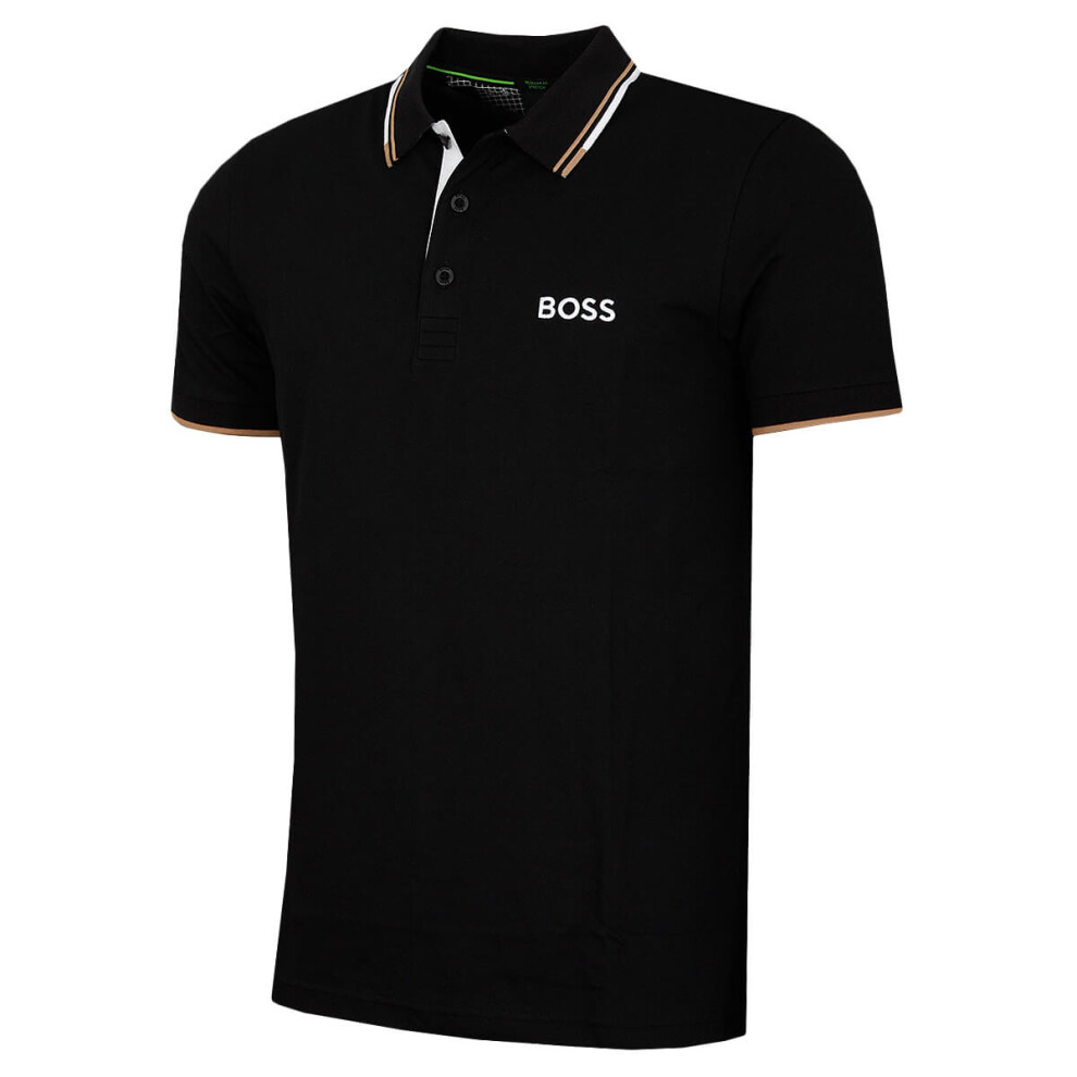 (L, Black) Hugo Boss Mens 2025 Paddy Pro Cottton-Blend Contrast Stripe Golf Polo Shirt