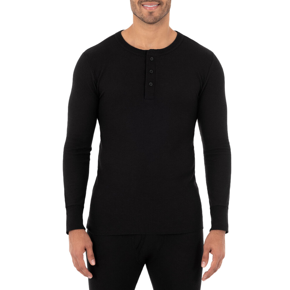 Fruit of the Loom Mens Recycled Waffle Thermal Underwear Henley Top (1 and 2 Packs)  Black  X-Large