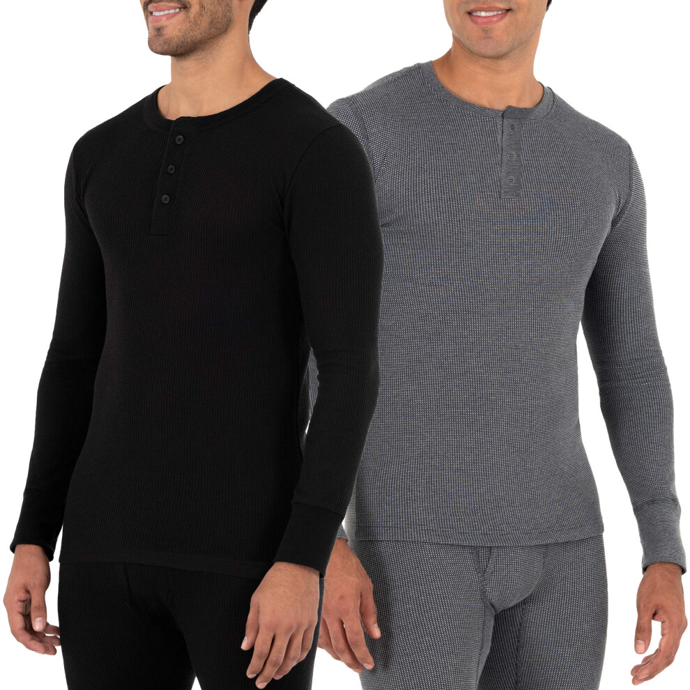 Fruit of the Loom Mens Recycled Waffle Thermal Underwear Henley Top (1 and 2 Packs)  Blackgreystone Heather  X-Large