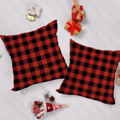 Fukeen 2 Pacote Capa de Almofada Impermeável para Natal 18x18 Polegadas Xadrez Vermelho e Preto 1
