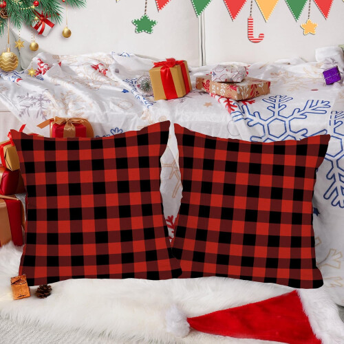 Fukeen 2 Pacote Capa de Almofada Impermeável para Natal 18x18 Polegadas Xadrez Vermelho e Preto 2