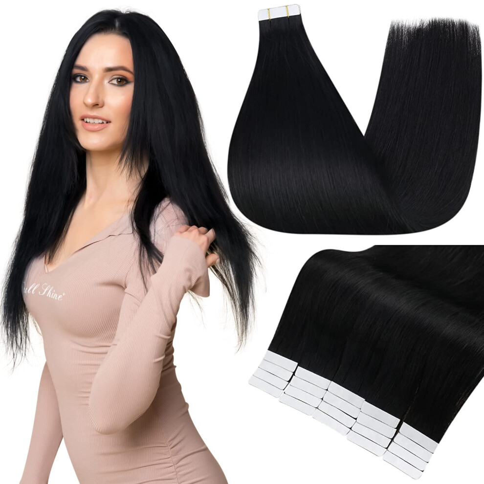 Fshine Full Shine 24 Inch Black Hair Extensions Tape In Jet Black Natural Real Human Hair Long Tape In Extensions Real Human Hair 20 Pieces 50Grams Soft Hair