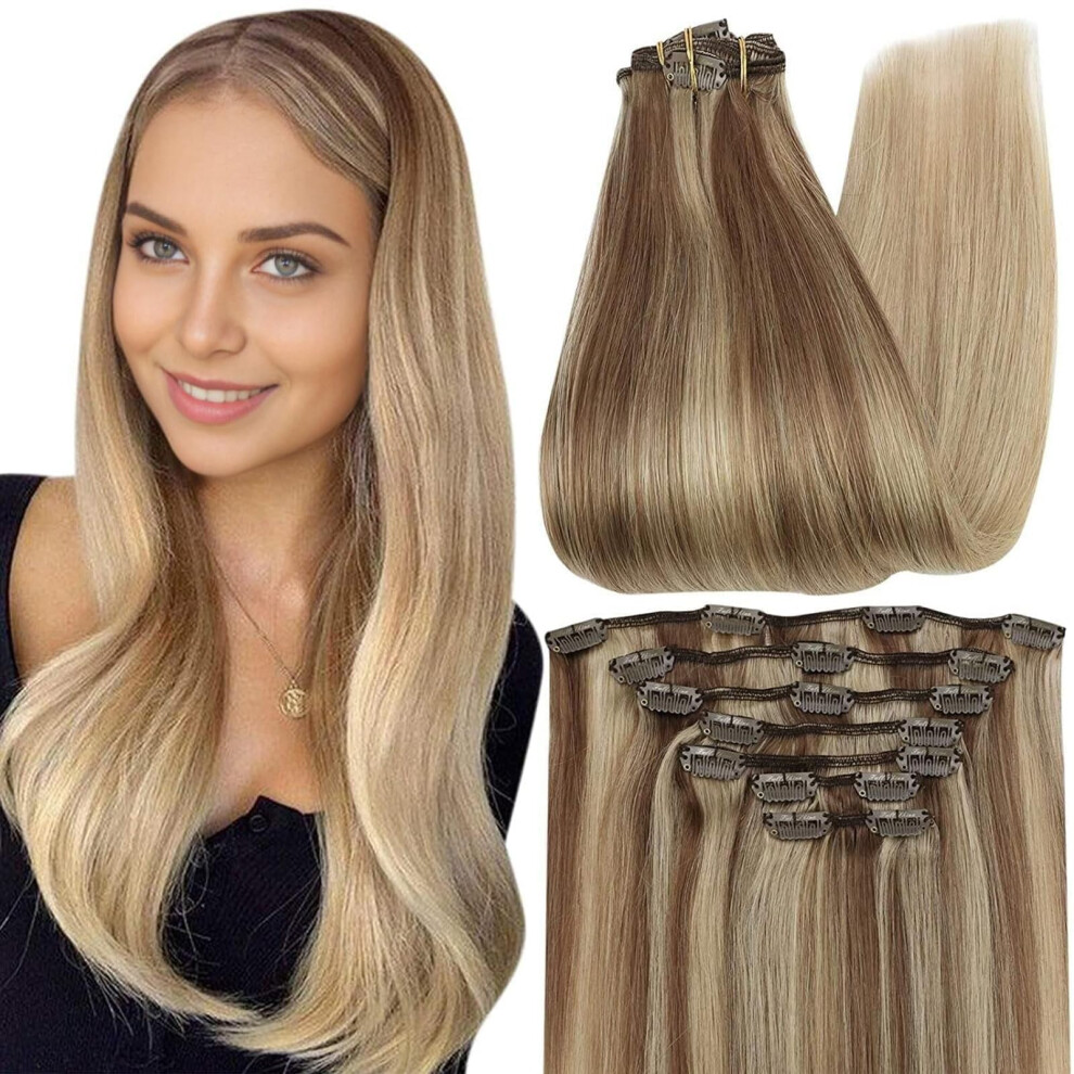 Full Shine Clip In Hair Extensions Human Hair Balayage Blonde Clip In Human Hair Extensions Golden Brown Balayage Dirty Blonde Double Weft Human Hair