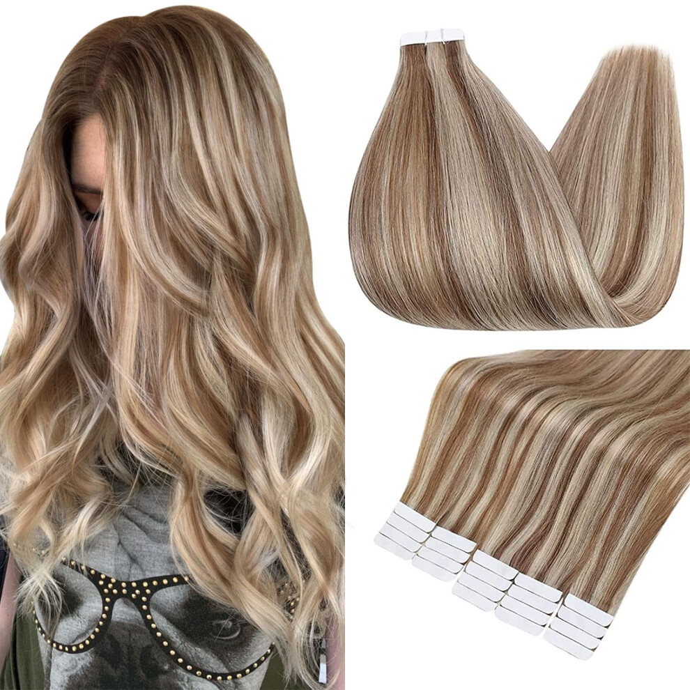 Fshine Full Shine Tape In Human Hair Extensions Blonde With Brown Hair 18Inch Real Hair Extensions Glue In 20 Pieces 50Grams Skin Weft Natural Hair Extension