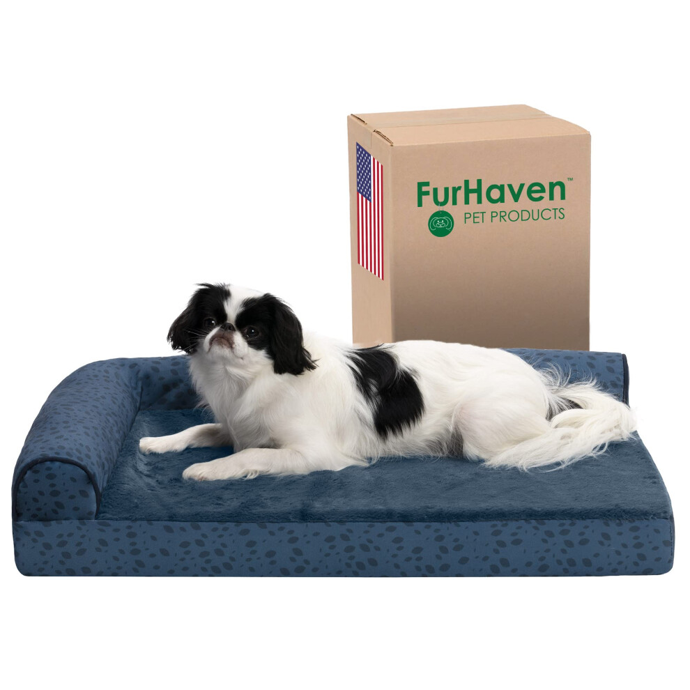 Furhaven Orthopedic Dog Bed for Medium/Small Dogs w/ Removable Bolsters & Washable Cover  For Dogs Up to 35 lbs - Plush & Almond Print L Shaped Chaise-image-OPC-PFY7WVR-NEW