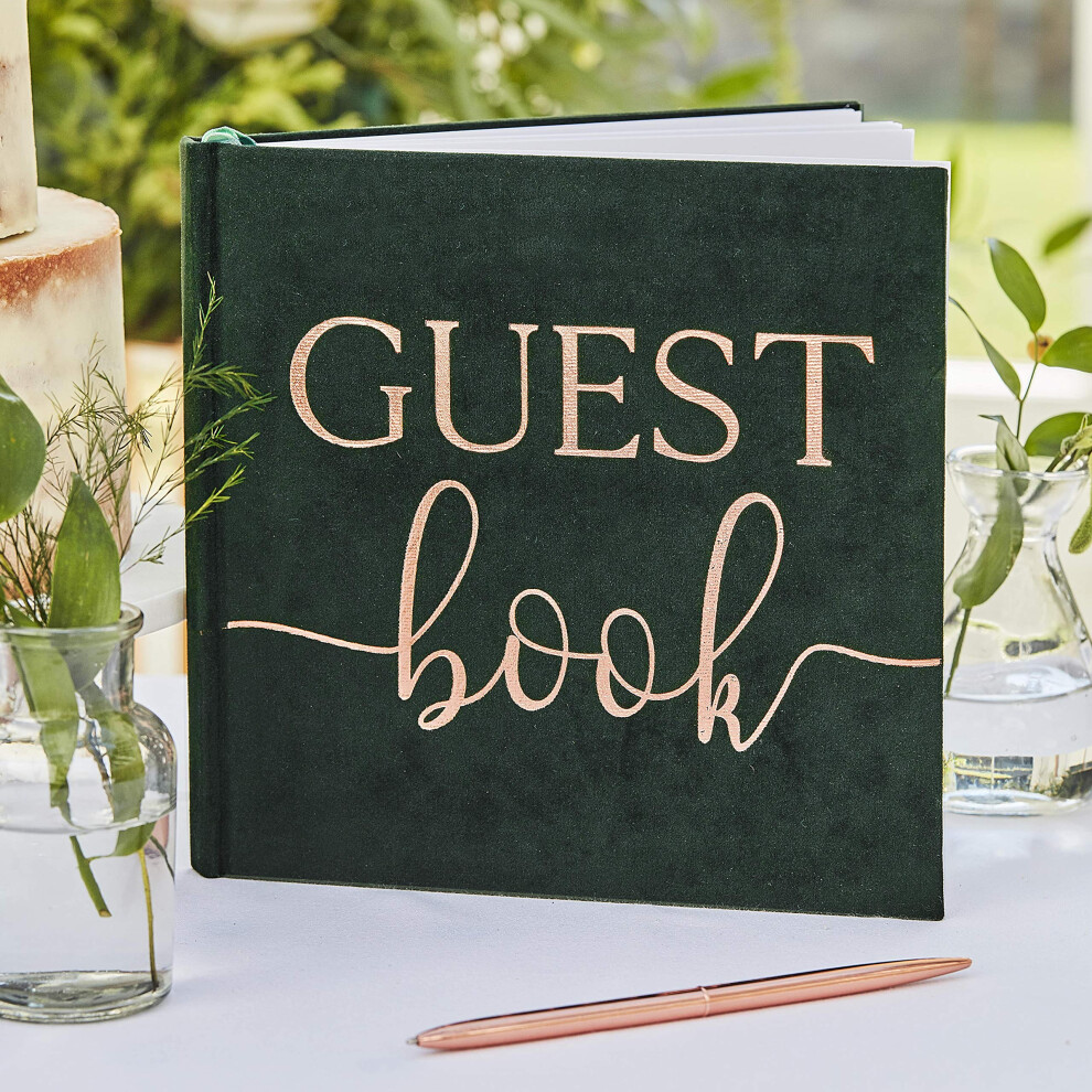 Ginger Ray Botanical Wedding Green Velvet Bronze Foiled Guest Book  Paper