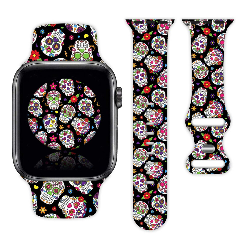 Cinturino Con Scheletro Con Teschio Di Zucchero Compatibile Con Apple Watch Per Donne Uomini Regali Cinturino Sportivo In Silicone Per Iwatch Serie 9 8 7 6 5 4 3 2 1 Se (38 Mm/40-image