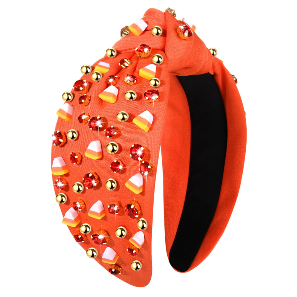 Fascia Per Capelli Di Halloween Per Donna, Con Perle Di Cristallo, Annodata, Con Perline, Zucca, Caramelle Di Mais, Fascia Larga Con Nodo Superio-image