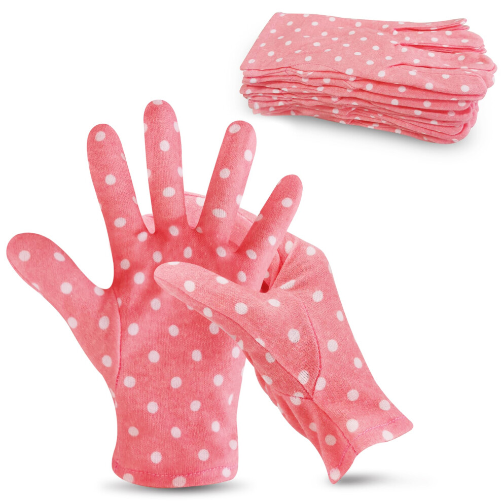 Handlove Pink 12 Pairs Premium 100% Cotton Gloves | Dry Hands & Eczema |Overnight Lotion & Spa Treatment For Women & Men | Reusable| Cute Dots