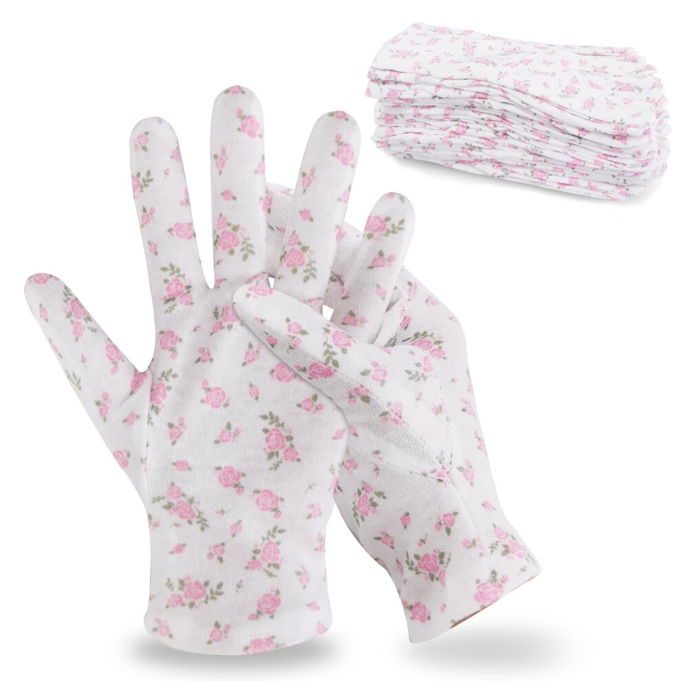 HandLove 12 Pairs Premium 100% Cotton Gloves | Dry Hands & Eczema |Overnight Lotion & Spa Treatment for Women & Men | Reusable| White Floral Dots-image-OPC-PGBX6XQ-NEW