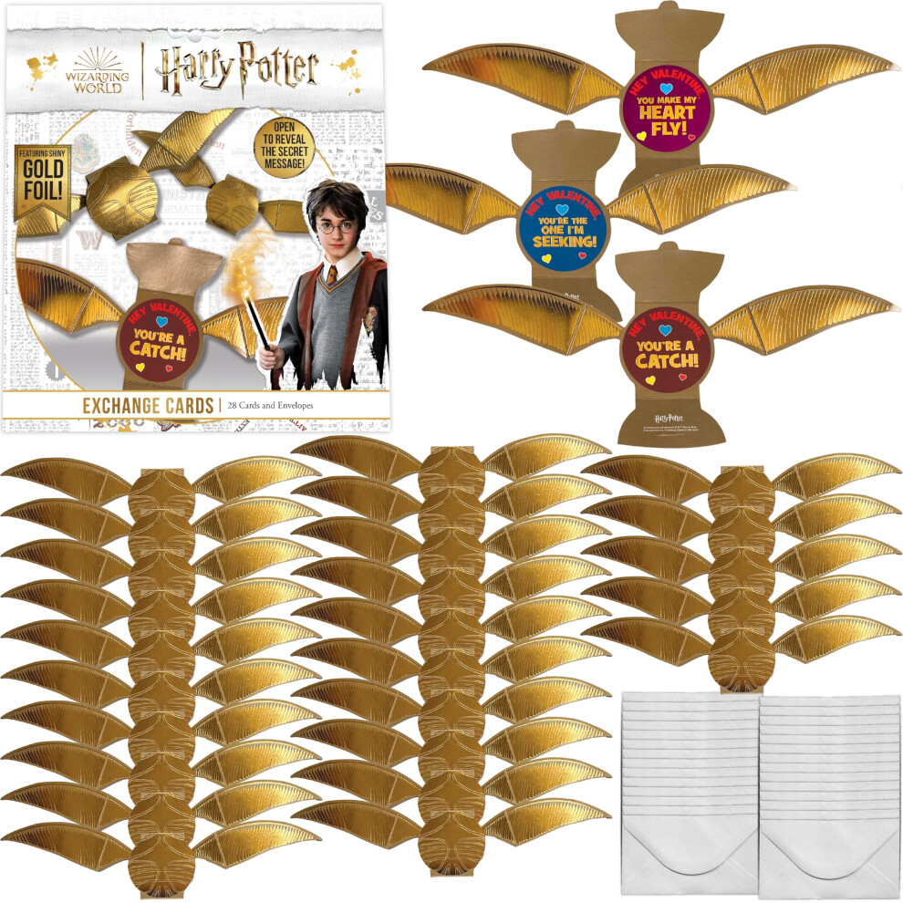 Harry Potter Golden Snitch Valentine's Day Card Set For Kids 28 Card Pack & Envelopes - Shiny Gold Foil Snitch Cards With Fun Greetings - Great For S