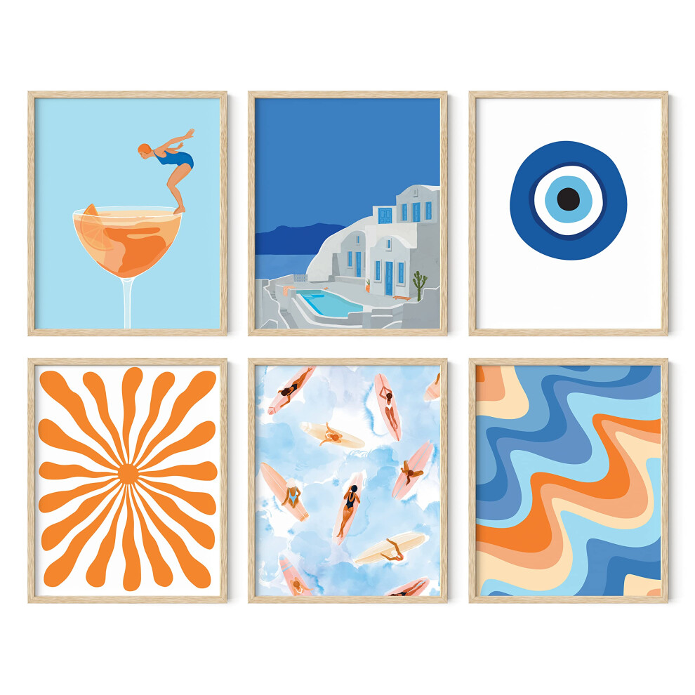 HAUS AND HUES Seascape Posters Gallery Wall Art Set of 6 - Beach Wall Art Evil Eye Wall Decor Travel Pictures for Wall California Wall Art Blue Poster