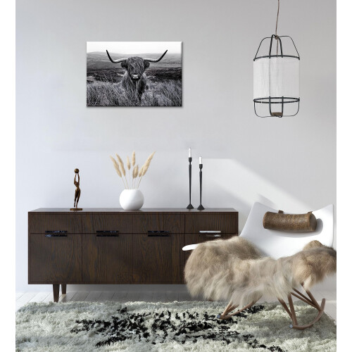 Arte de Parede Vaca Highland Preto e Branco Decoração Canvas 12x16 Polegadas 1