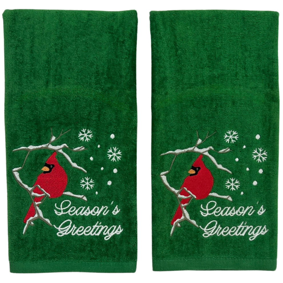 Serviettes de toilette pour invit   s de No   l, motif cardinal rouge avec salutations de saison sur fond vert, 100 % coton, lot de 2, 40,6 x 63,5 cm