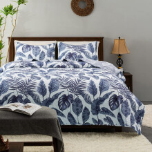 HORIMOTE HOME Tropical Plants Quilt Set Queen Size 3 Pieces Blue Palm Leaves Rainforest Style Fine Printed Reversible Bedspreads Bedding Sets Soft