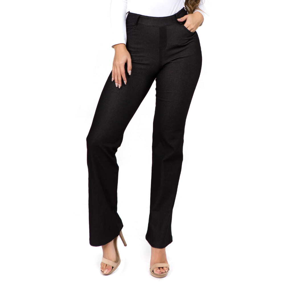 ICONOFLASH Jeggings Bootcut pour femme, leggings amincissants en coton ? enfiler, style jean, grande taille, coupe droite, noir