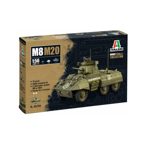 Italeri 25759 1:56 M8/M20 Greyhound Μοντέλο Κατασκευής, Μη βαμμένο, Πλαστικό
