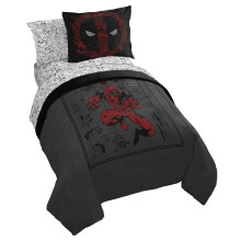 Jay Franco Marvel Deadpool dekbedset op volledige grootte - 7-delig beddengoed inclusief lakenset en kussenslopen - grijs en rood, superzacht, gezell
