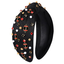 Jeweled Rhinestone Crystal Wide Top Knot Headband for Women Football Moms - Game Day Hair Accessory in White, Black, Red (Black)