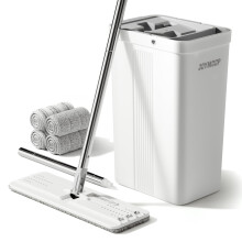 JOYMOOP Mop and Bucket with Wringer Set White Flat Squeeze Mop Bucket Set for Floor Cleaning Wet Dry Mop for Wall Cleaner with Long Handle Hardwood