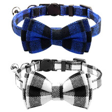 Joytale Upgraded Cat Collar with Bells  Breakaway Cat Collars with Bow Tie  2 Pack Girl Boy Safety Plaid Kitten Collars  Black+Blue