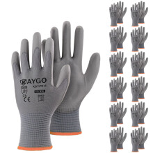 KAYGO veiligheidswerkhandschoenen PU-gecoat-12 paar KG11PB naadloos gebreide handschoen met polyurethaan gecoate gladde grip op palm en vingers voor