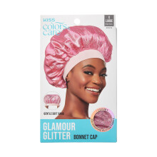 KISS COLORS & CARE Glitter Bonnet XL Pink Pearl Gentle Silky Fabric with Elastic Band for Most Hair Types - Hypoallergenic Overnight Wear Styl