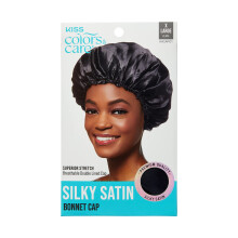 KISS COLORS & CARE Silky Satin Bonnet Cap XL Protective Gentle Fabric & Slip-Free Elastic Band For Most Hair Types - Overnight Wear Breathab