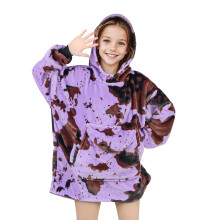 KIVEE Tragbare Kapuzendecke fur Kinder, lila Kuh-Aufdruck, Sweatshirt-Decke mit riesiger Tasche, warme, gemutliche Kuh-Kapuzendecke, 6 10 Jahre a