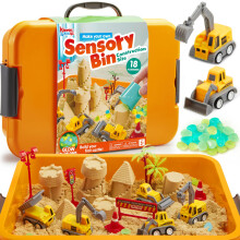 Klever Kits Construction Sensory Bin for Toddlers with Glow in The Dark Stones Sandbox with Lid Magic Sand Castle Building kit Preschool Learning Ac