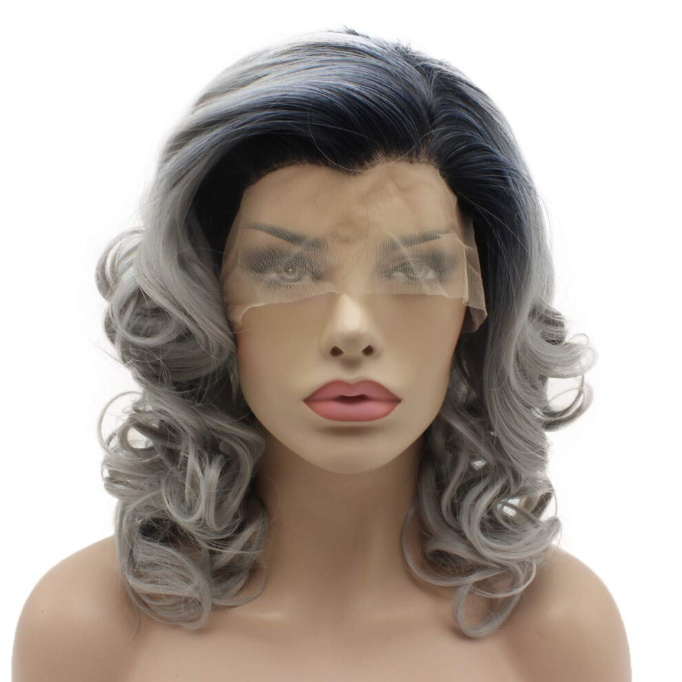 Lushy Wino Unisex Dark/Gray Lace Front Synthetic Wig Wavy Medium Length 16Inch Root Ombre Wig Heavy Density Heat Resistant Realistic Wigs