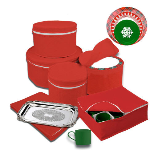 LAMINET 6 Piece Quilted Dinnerware Storage Starter Set - Includes 4 Plate Cases 1 Cup Case & Platter Case - RED 1