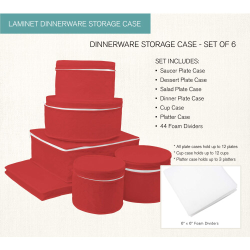 LAMINET 6 Piece Quilted Dinnerware Storage Starter Set - Includes 4 Plate Cases 1 Cup Case & Platter Case - RED 2
