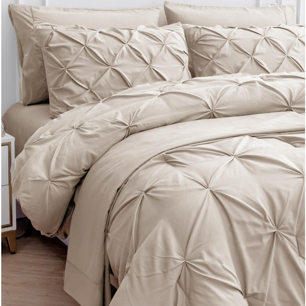 Parure de lit 7 pi   ces LANE LINEN - Parure de lit double pliss   e avec couette, drap plat, drap-housse, taie d'oreiller et taie d'oreiller - Beige