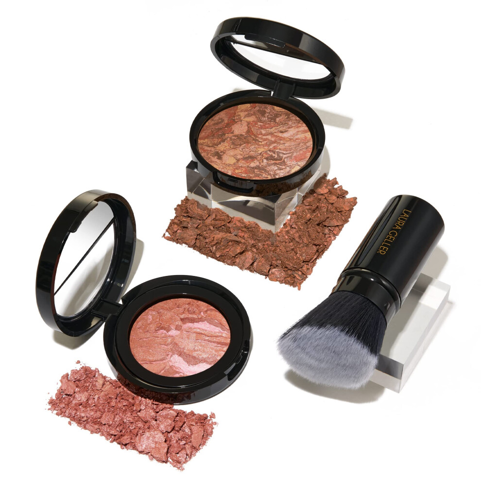 LAURA GELLER NEW YORK Blush-n-Glow Kit - Baked Balance-N-Glow Illuminating Powder Foundation  Deep + Retractable Kabuki Brush + Baked Blush-N-Brighten