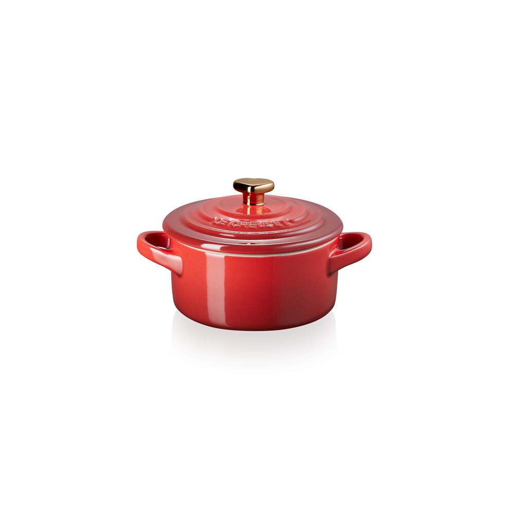 Le Creuset Cerise with Gold Heart Knob Stoneware Mini Round Cocotte  8 oz