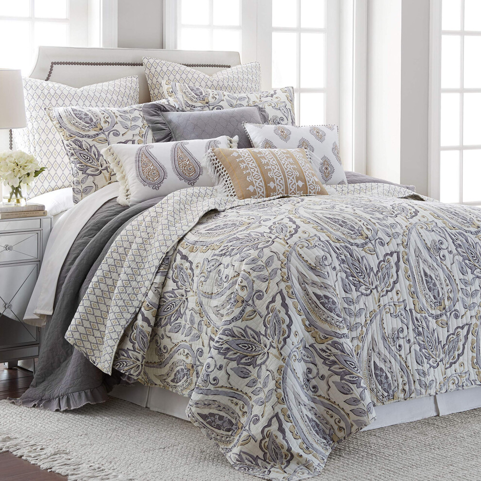 Levtex Home - Ensemble de courtepointe Tamsin Grey - Couette double/queen + deux taies d'oreiller standard - Motif cachemire moderne - Gris taupe