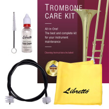 Kit completo per la cura del trombone Libretto: spazzola flessibile per la canna + spazzola per il bocchino + olio per coulisse + panno in microf