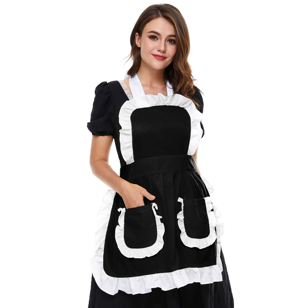Lilments Women's Ruffles Outline Retro Pockets Apron Kitchen Cooking Cleaning Maid Costume (Black) Black