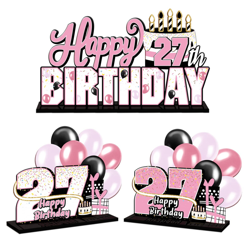 Lingteer Gelukkige 27E Verjaardag Roze Acryl Tafeldecoratie Set - Proost Op 27 Jaar Oude Verjaardag 27E Verjaardag Feest Cadeau Decoraties.-image