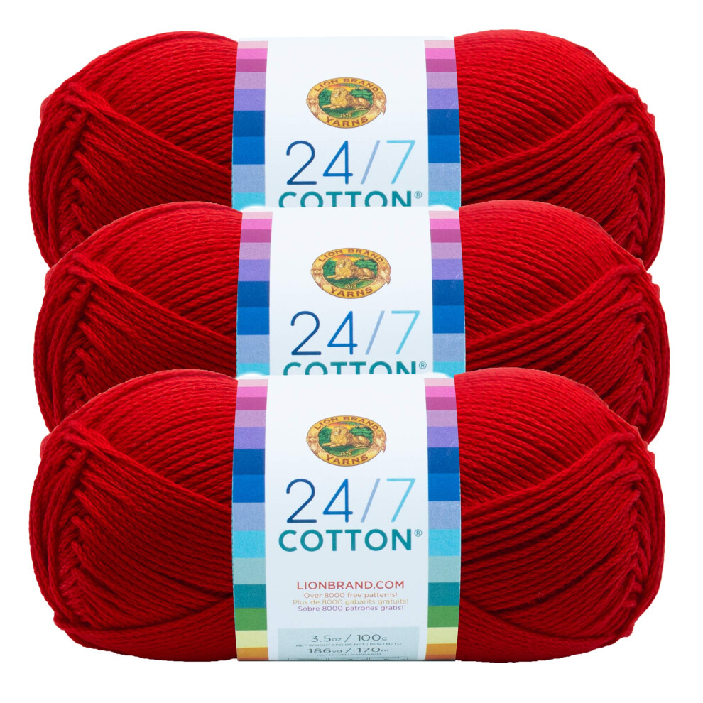 Lion Brand 24/7 Cotton Yarn  Yarn for Knitting  Crocheting  and Crafts  Red  Pack of 3