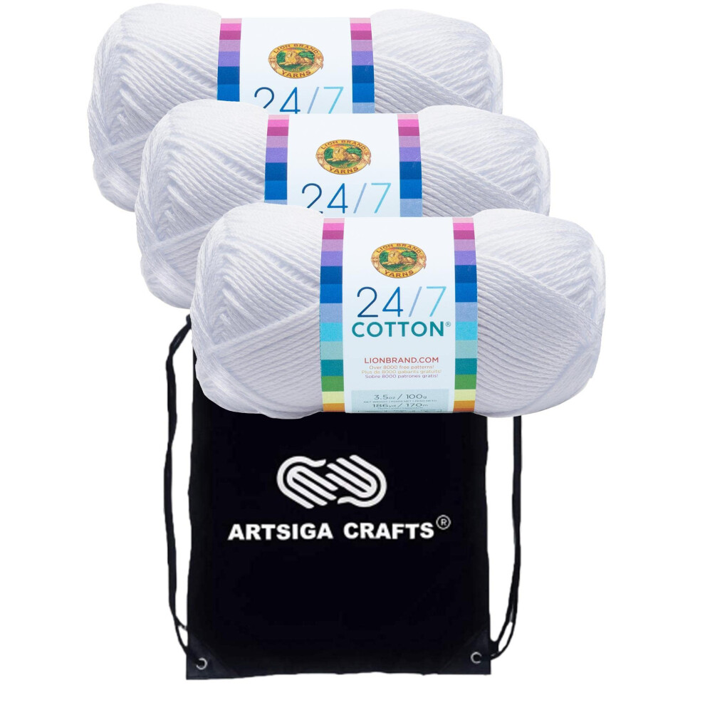Lion Brand 24/7 Cotton Dragonfly 761-177 (3-Skeins - Same Dye Lot) Worsted Medium #4 Cotton Yarn for Crocheting and Knitting - Bundle with 1 Artsiga C